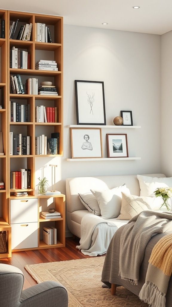 A modern geometric corner bookshelf filled with books and decorative items, next to a cozy sofa.