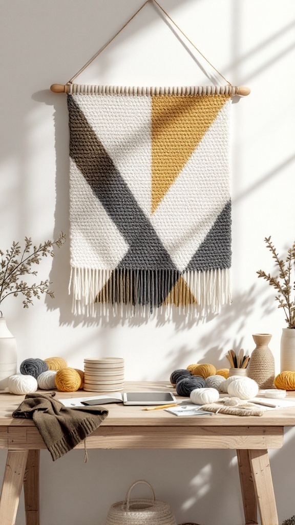A geometric crochet wall hanging featuring grey, white, and mustard yellow patterns, displayed in a bright room with crafting materials on a wooden table.