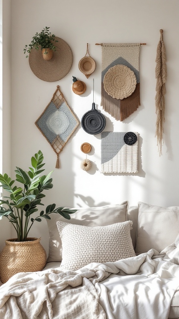 A variety of geometric crochet wall decor including circular and diamond shapes, displayed above a cozy sofa with pillows and plants.