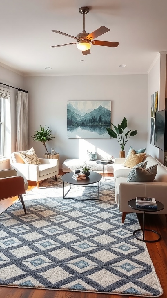 A stylish living room featuring a geometric patterned rug, modern furniture, and natural light.