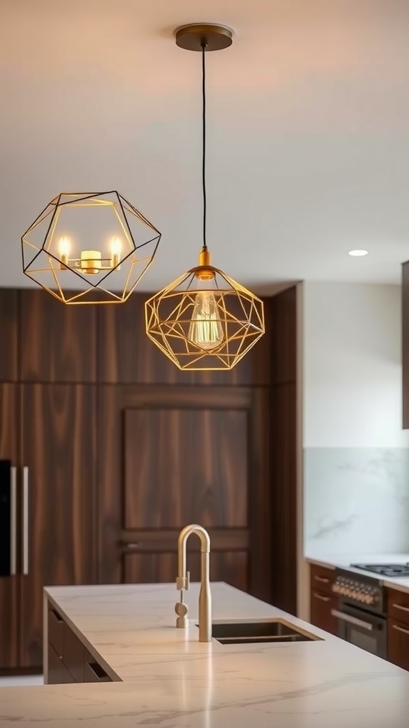 Two geometric pendant lights over a kitchen island.