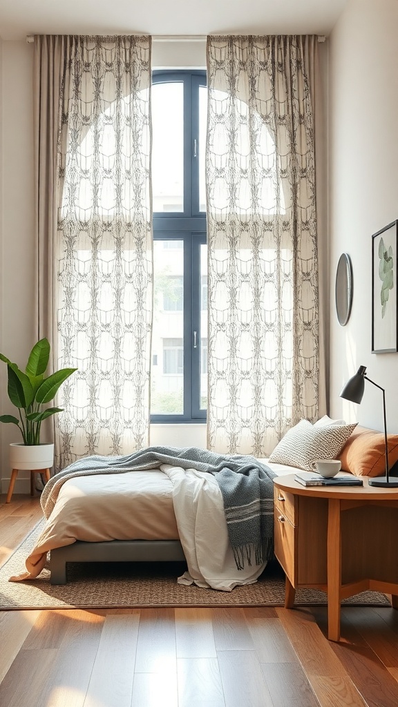 A modern bedroom featuring geometric patterned curtains, a cozy bed, and wooden furniture.
