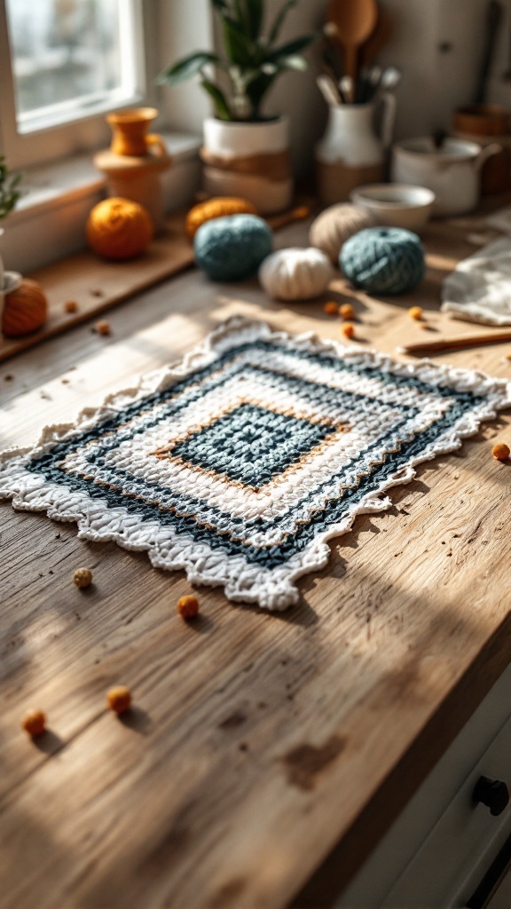 A geometric diamond dishcloth in shades of blue and cream, placed on a wooden kitchen table with various yarn balls and kitchen tools in the background.