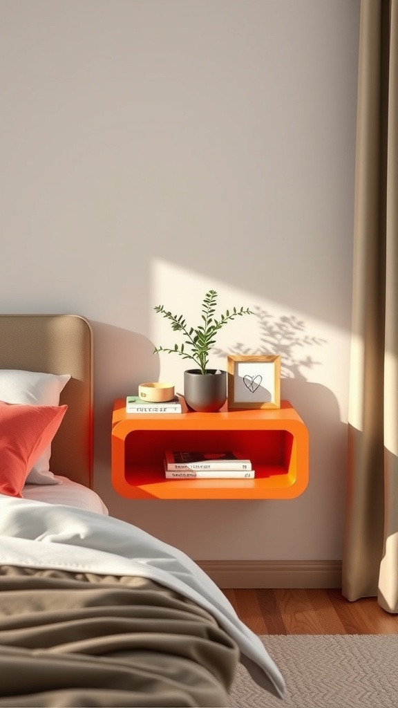 A geometric floating nightstand in orange with books, a plant, and a picture frame.