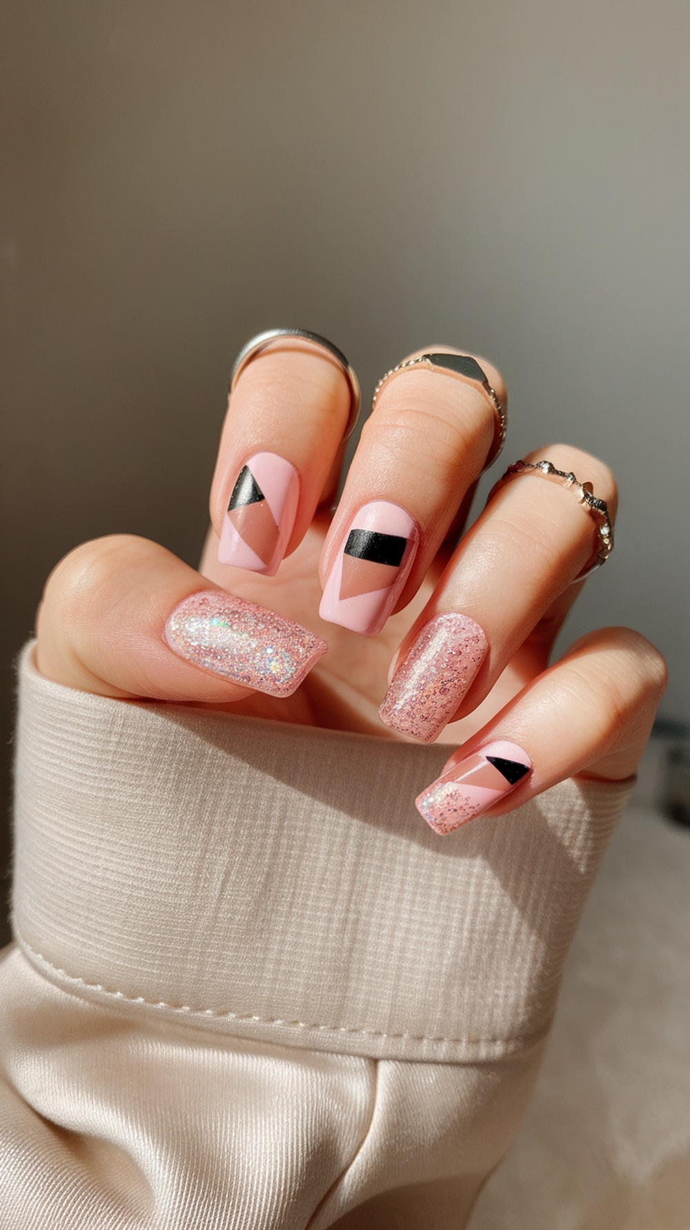 Close-up of pink glitter nails with geometric patterns