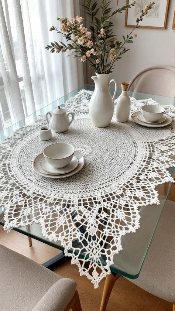 A beautifully crafted crochet tablecloth with geometric lace patterns, set on a table with white dishware and a vase of flowers.