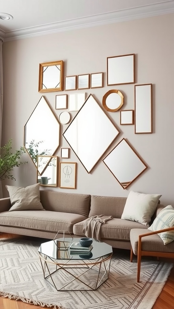 An arrangement of geometric mirrors in various shapes and sizes on a living room wall, with a cozy sofa and coffee table in the foreground.