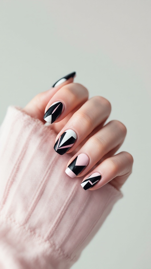 Nail art design featuring geometric patterns in black, white, and pink colors