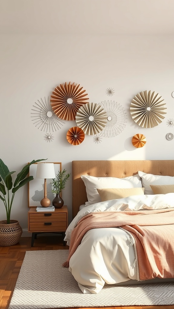 A cozy bedroom featuring geometric paper crafts on the wall, with a bed, lamp, and plant.