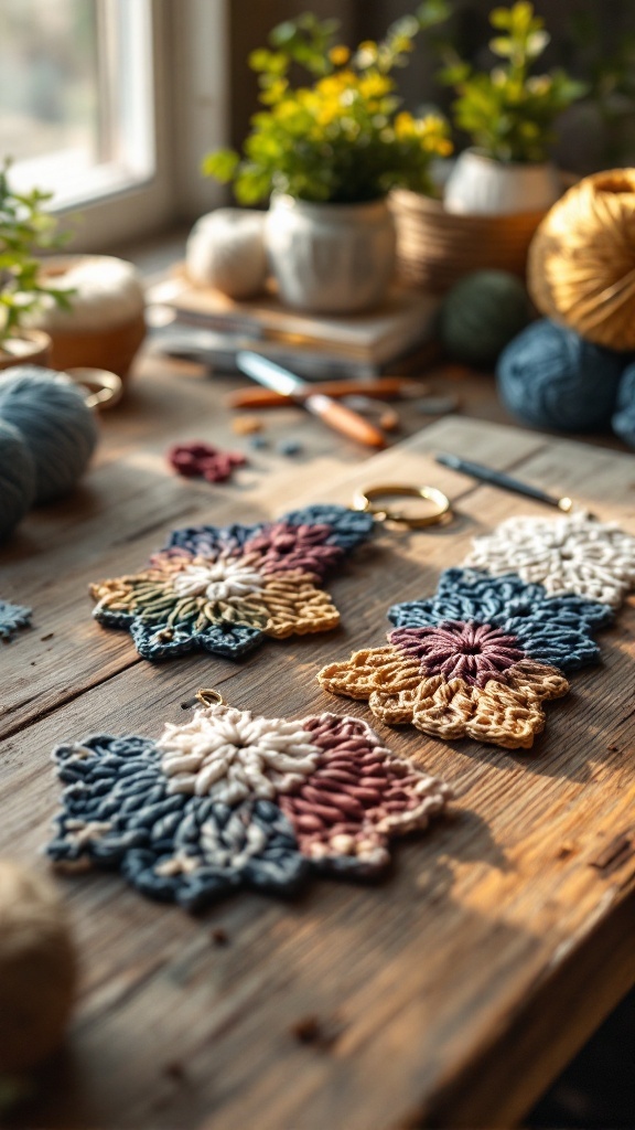 Colorful geometric crochet keychains displayed on a wooden table with plants and yarn in the background.