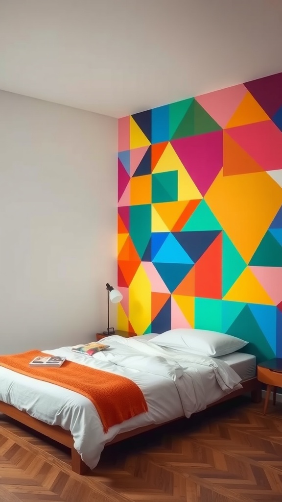 A bedroom featuring a colorful geometric pattern mural on one wall, enhancing the cozy atmosphere.