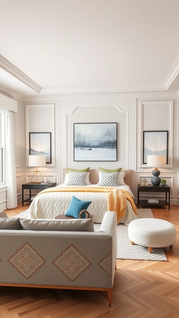 Living room with geometric pattern wainscoting, featuring light colors and warm wood flooring.