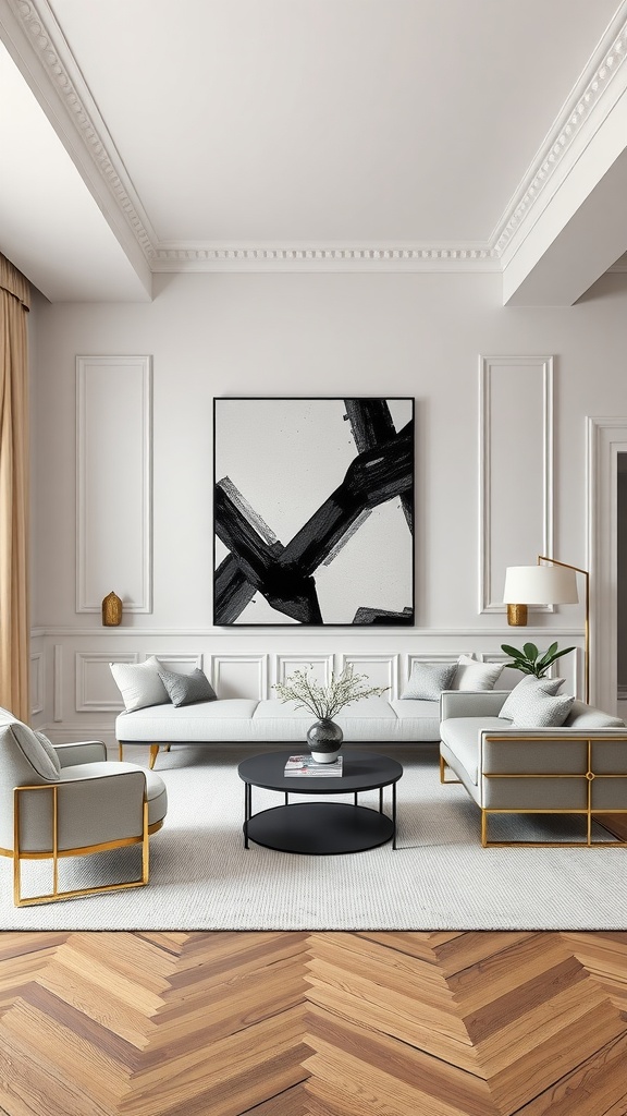 A modern living room featuring geometric patterned wainscoting, light-colored furniture, and a dark artwork piece.