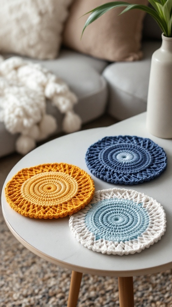 Three colorful crochet coasters with geometric patterns on a table