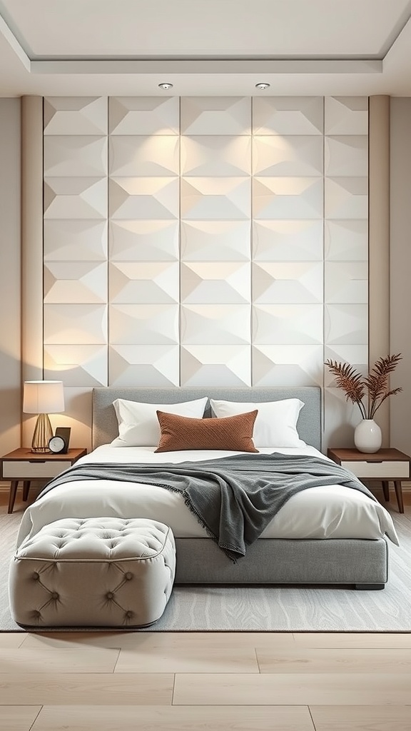 A modern bedroom featuring a geometric 3D wall panel design, a cozy bed, and stylish furniture.