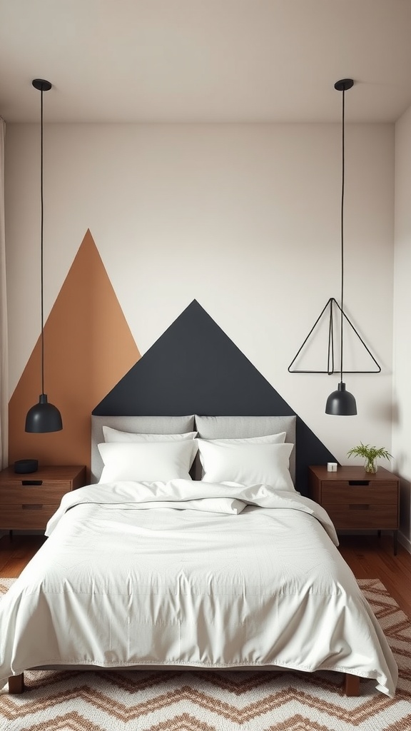 A modern bedroom featuring geometric patterns with a black and terracotta accent wall, minimalistic decor, and cozy bedding.