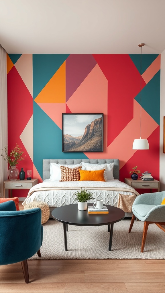 A modern bedroom featuring a geometric patterned wall in vibrant colors.