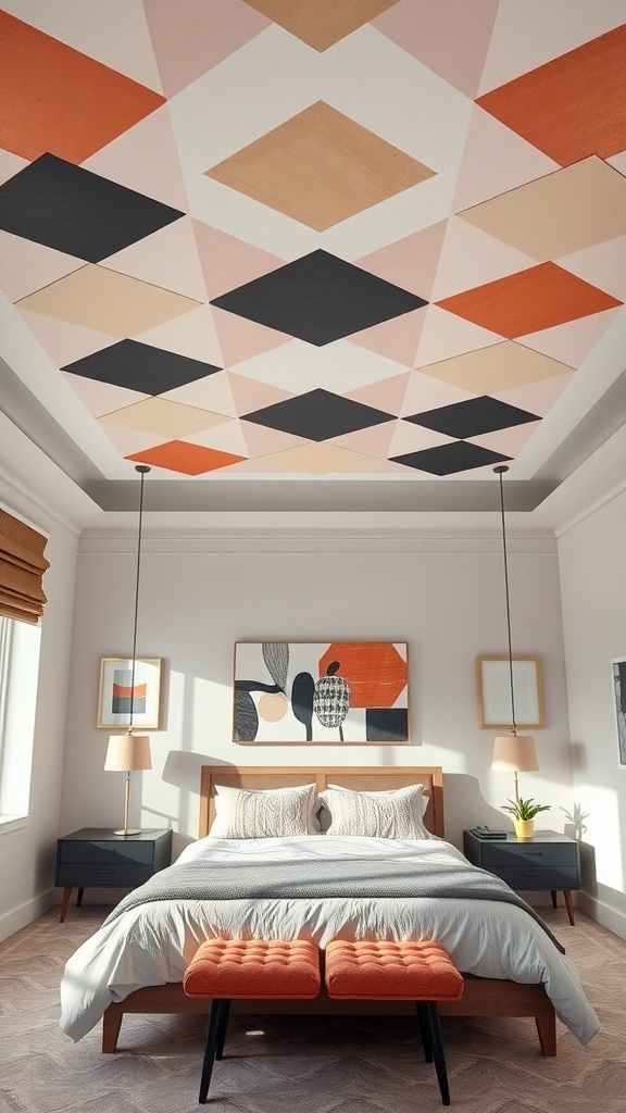 A stylish bedroom featuring a ceiling with geometric patterns in peach, orange, and black colors.