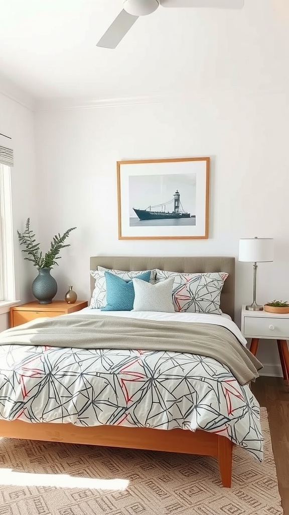 A small masculine bedroom featuring geometric patterned bedding and a modern decor style.