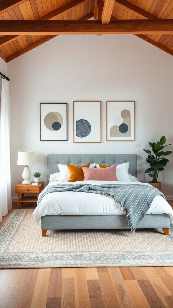 A mid-century modern bedroom featuring geometric art, a cozy bed with colorful pillows, and wooden accents.