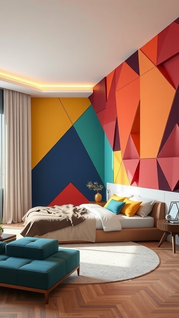 A modern bedroom featuring a vibrant geometric wall panel design with various colors.