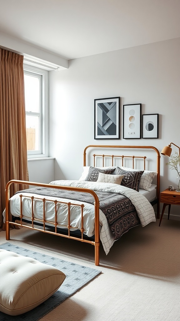 A cozy bedroom featuring a bronze metal bed frame with geometric patterns, complemented by stylish bedding and modern artwork.