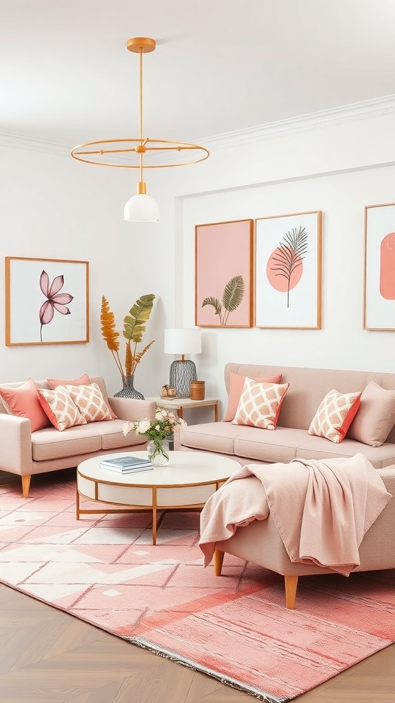 A pink living room featuring geometric prints and accessories, with a cozy sofa, decorative pillows, and wall art.