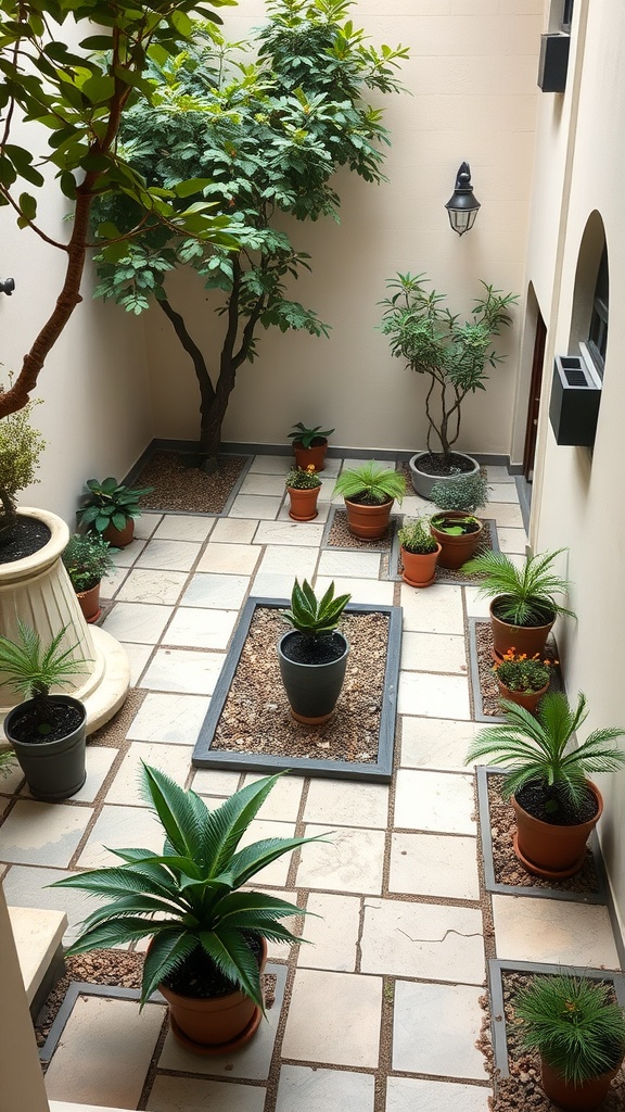A small minimalist courtyard garden with geometric arrangements of potted plants and a stone pathway.
