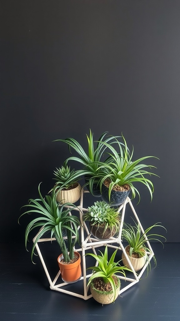 A geometric plant stand with various air plants and succulents displayed.