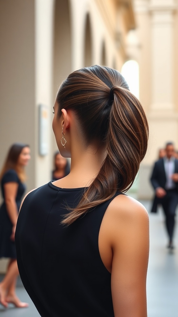 A stylish geometric ponytail hairstyle with a sleek finish