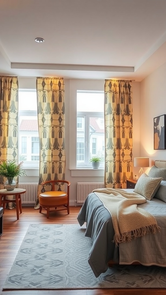 A cozy bedroom featuring geometric print curtains, a neatly made bed, and stylish furniture.