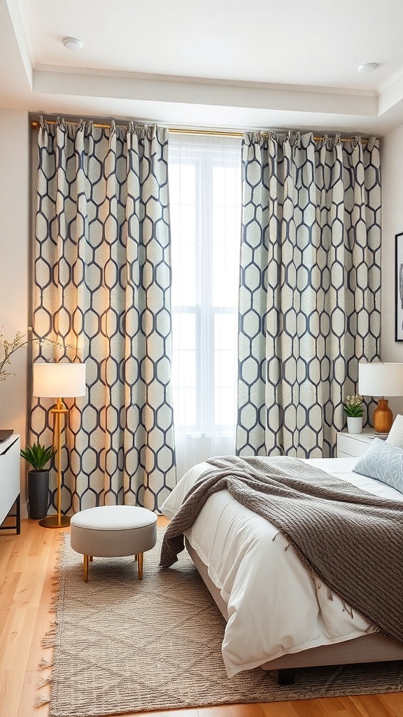 Bedroom with geometric print curtains and modern decor