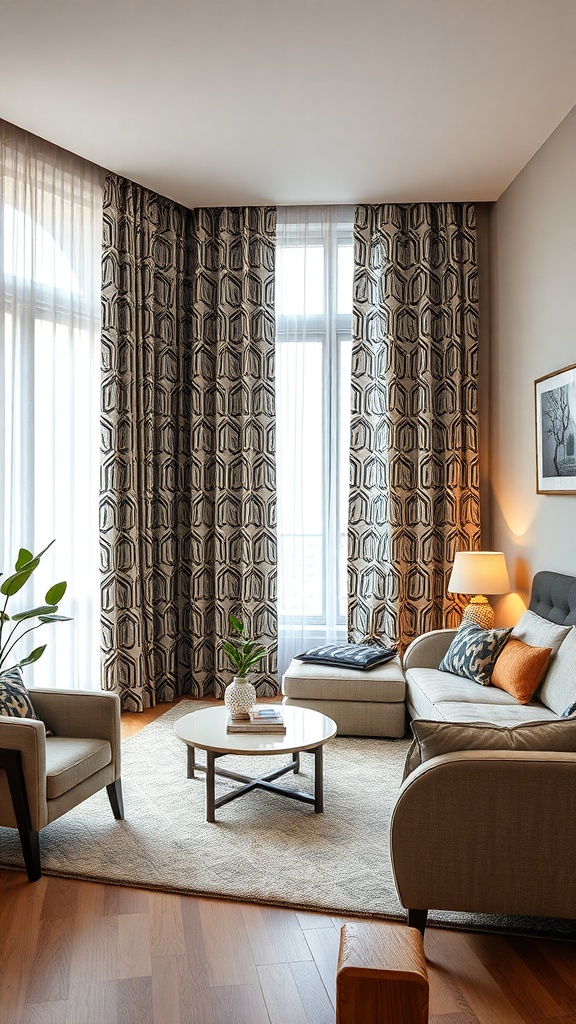 A modern living room with geometric print curtains, neutral furniture, and a cozy atmosphere.