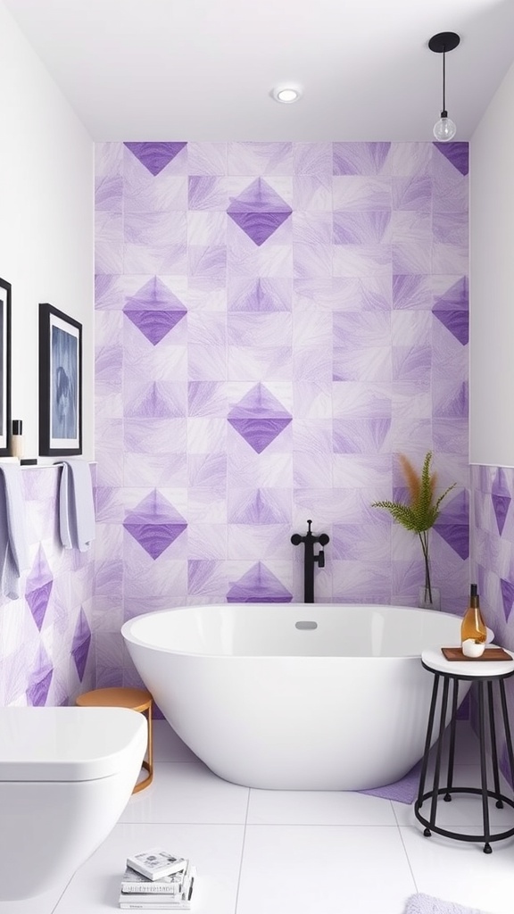 A modern bathroom featuring geometric purple tile designs on the walls, a white freestanding bathtub, and stylish decor.