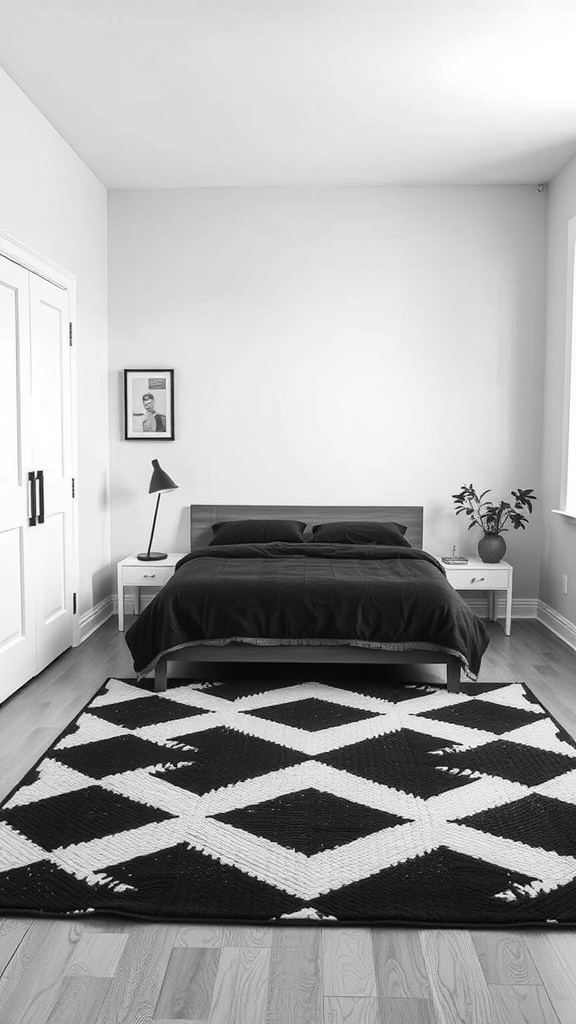 A black and white bedroom featuring a geometric rug with a diamond pattern.