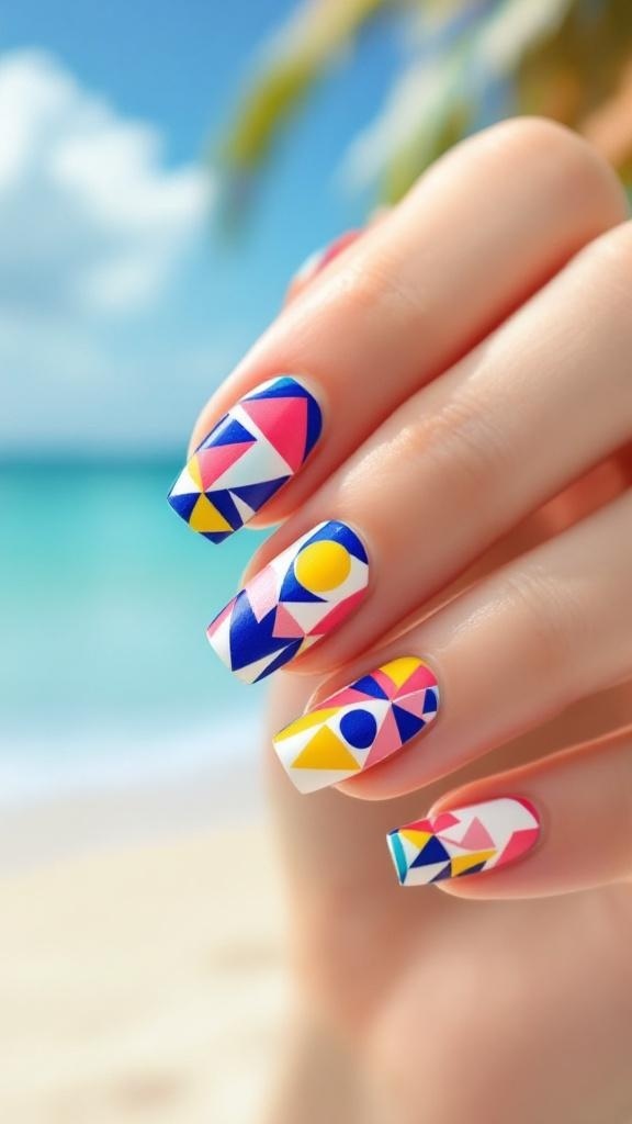 Close-up of a hand with geometric summer nail design featuring pink and gold accents.