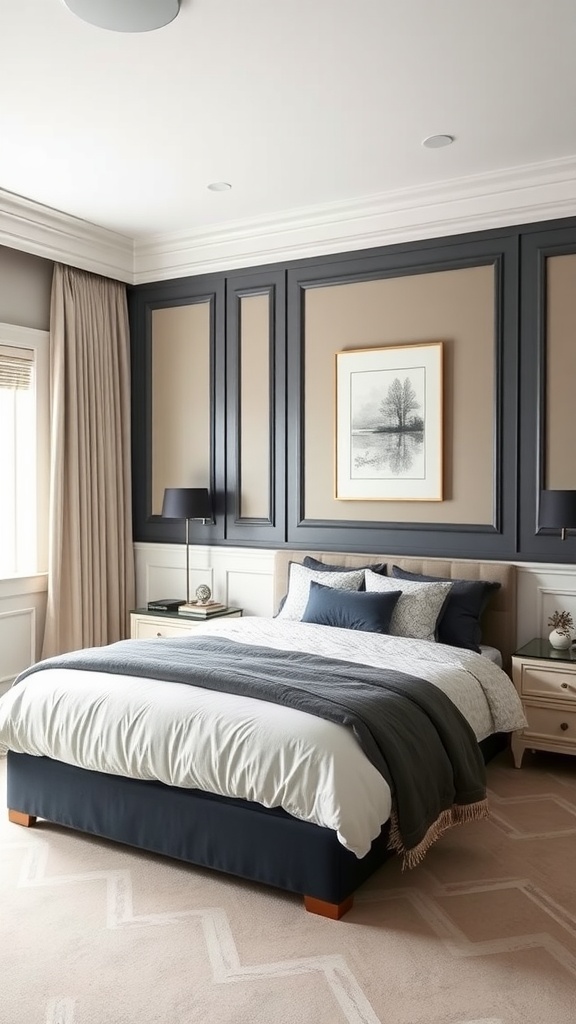A modern bedroom featuring geometric wainscoting patterns in navy and beige.
