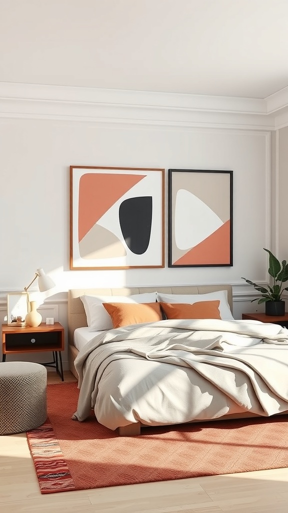 A cozy bedroom featuring geometric wall art in warm colors above a neatly made bed.