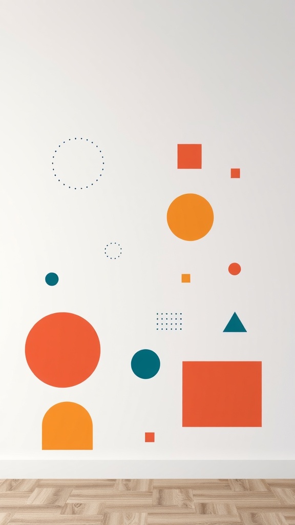 Colorful geometric wall decals featuring circles, squares, and triangles in orange and teal on a white wall.