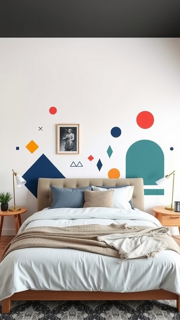 A bedroom with geometric wall decals featuring colorful shapes and a cozy bed setup.
