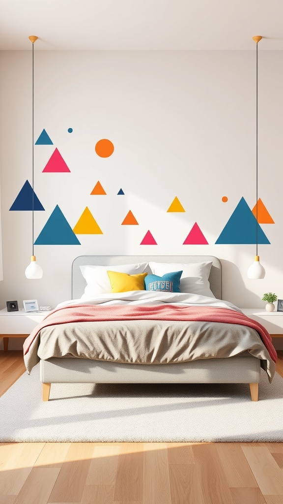 A cozy bedroom with colorful geometric wall decals featuring triangles and circles.