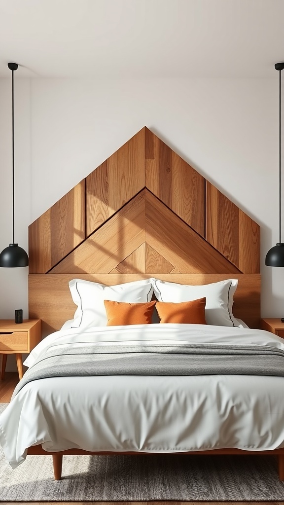 A modern geometric wood headboard featuring a triangular design, paired with minimalist bedding and colorful pillows.