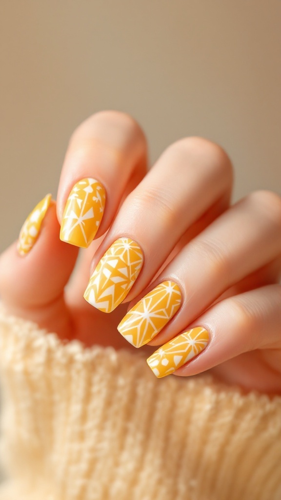 Nail design featuring bright yellow color with white geometric patterns