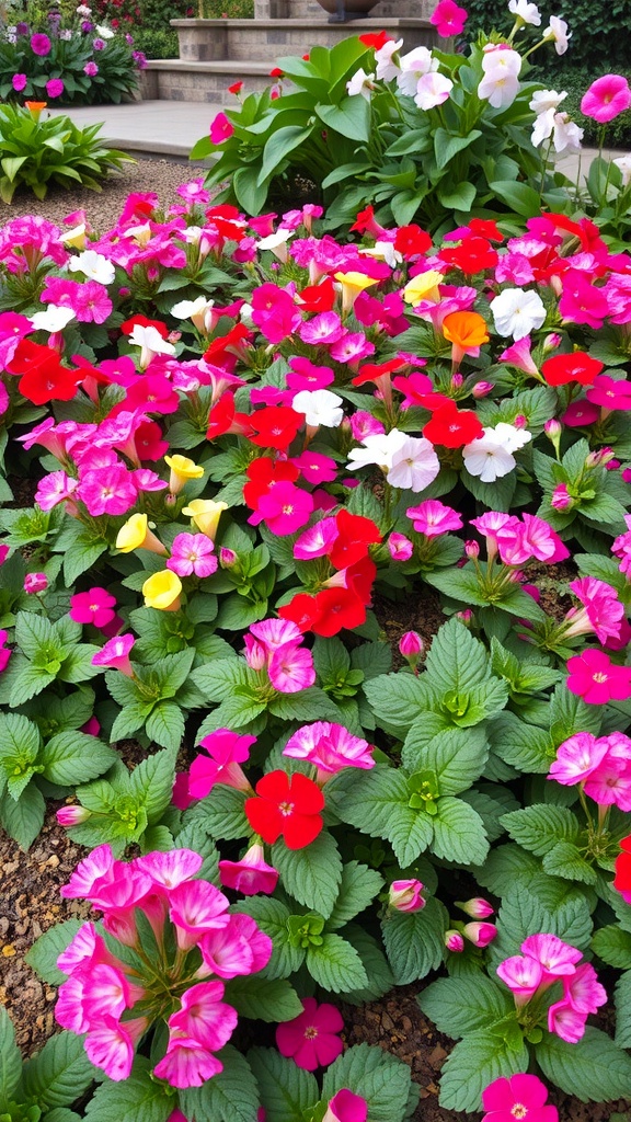 Colorful geranium flowers in a garden setting.