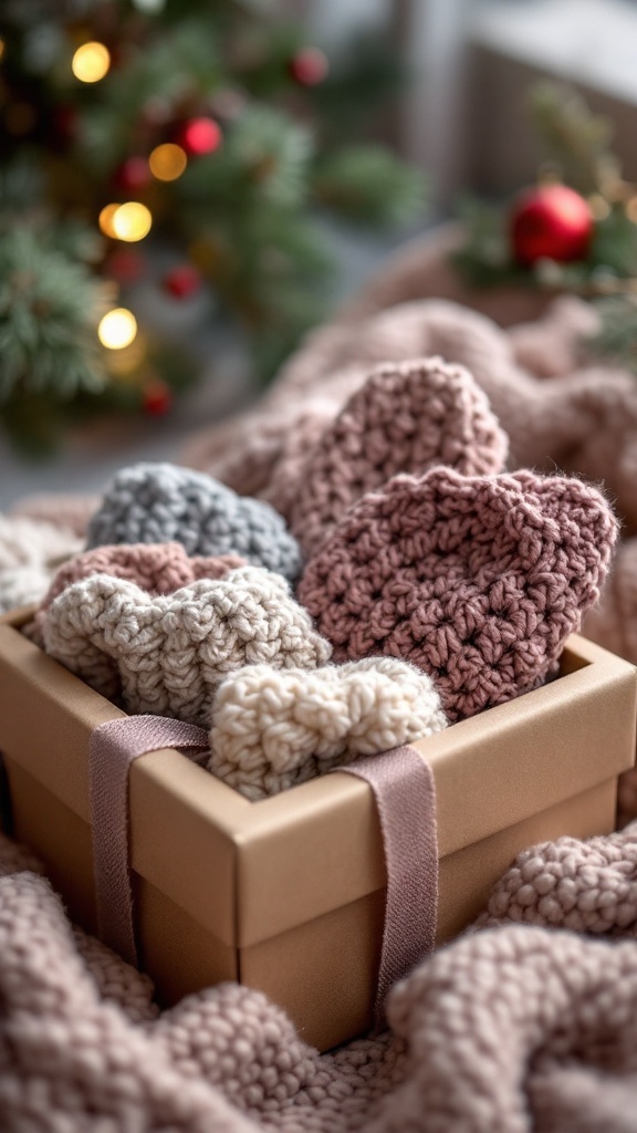 A gift box filled with various crochet ear warmers in soft colors