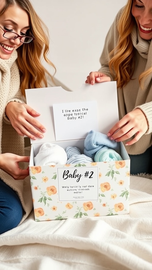 Two friends opening a gift box with baby items inside to announce baby number two.