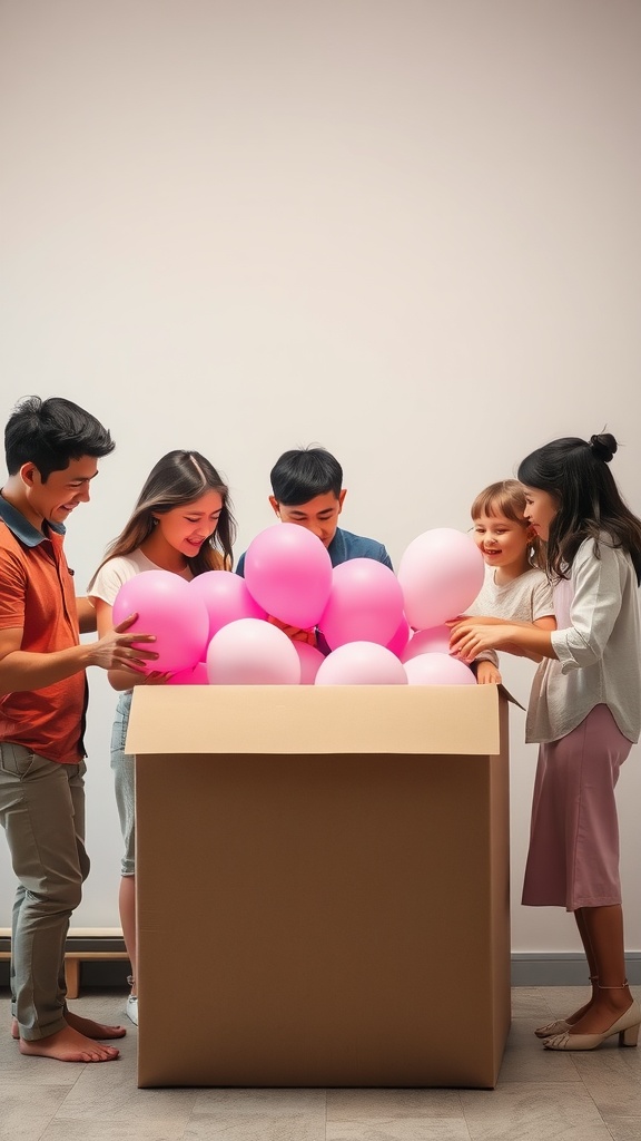 A group of five people joyfully unveiling a large gift box filled with pink balloons.