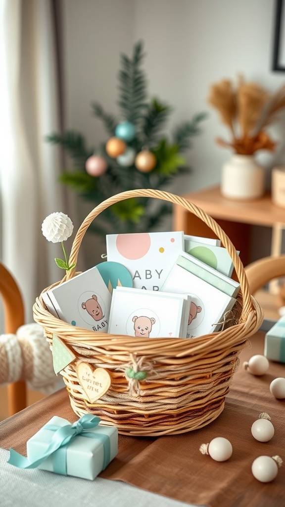 A woven basket filled with colorful gift cards for a baby shower, accompanied by a small gift box.