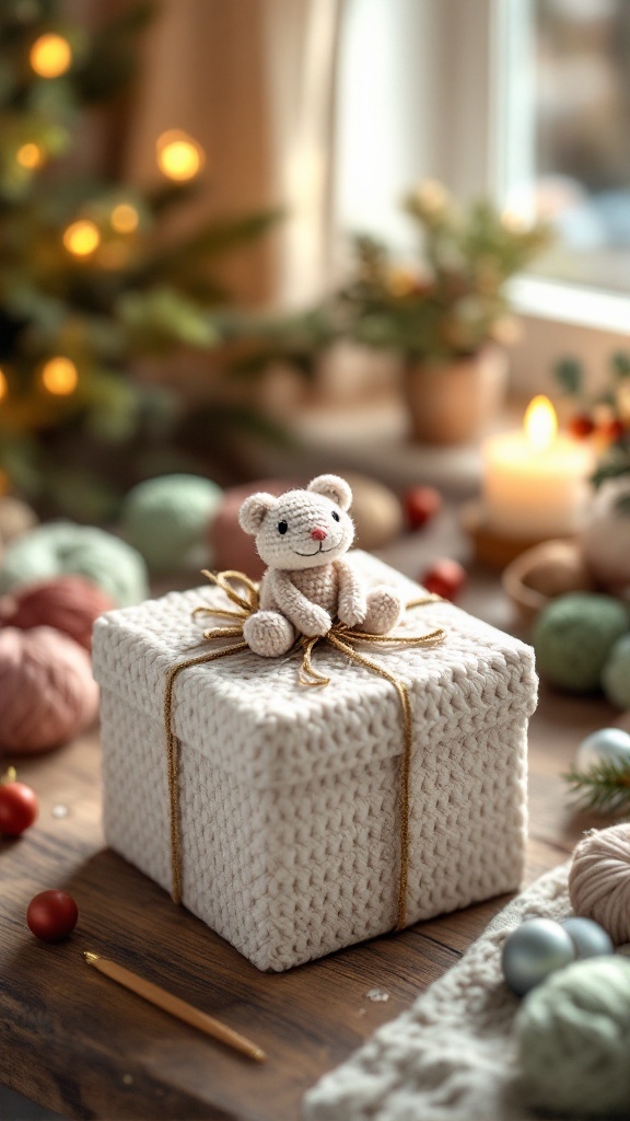 A beautifully wrapped gift box with a crochet teddy bear on top, surrounded by colorful yarn and decorations.