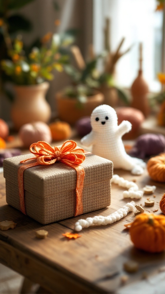 A wrapped gift box with a crochet ghost beside it, set in a cozy autumn-themed background
